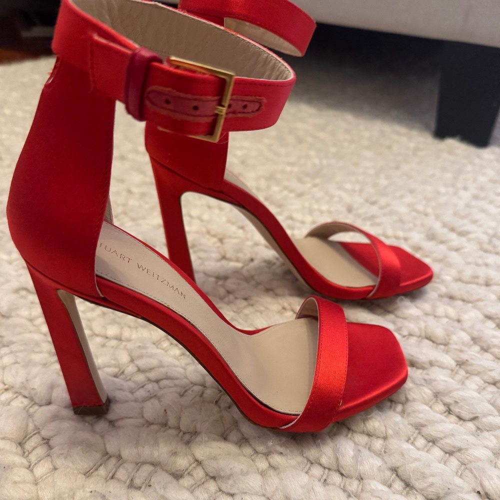 Stuart Weitzman Square Nudist Heel is Red Satin Heels Size 36 5.5